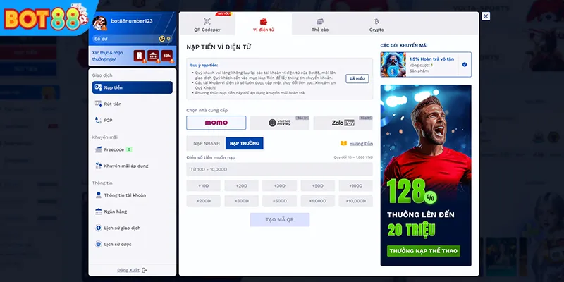 Thực hiện giao dịch nạp BOT88 bằng mã QR hoặc ví điện tử