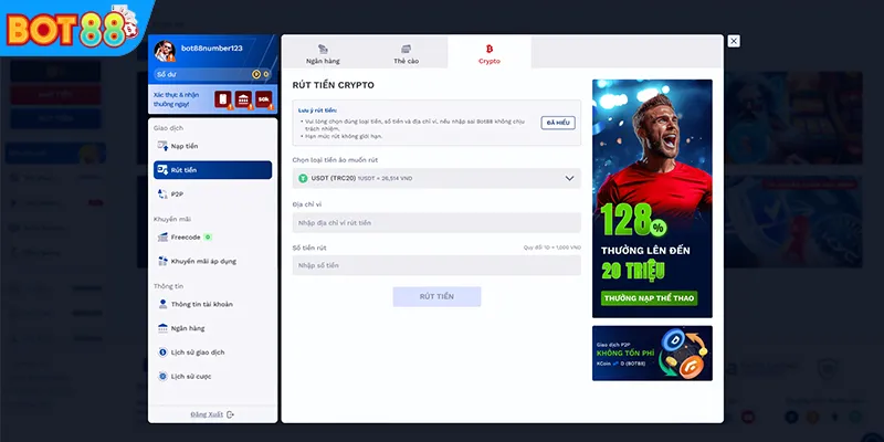Giao diện nhập ví USDT hoặc thông tin ngân hàng trên BOT88
