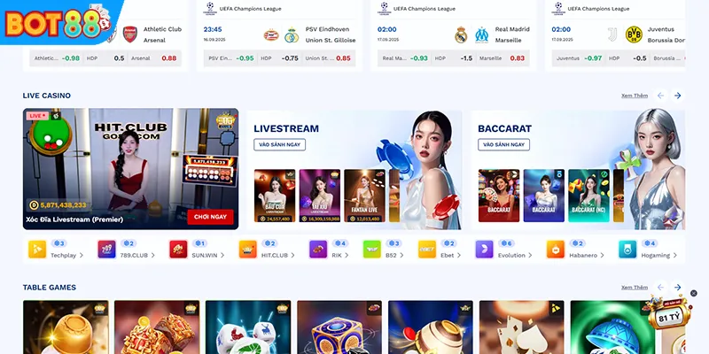 Sảnh cược thể thao, casino trực tiếp, slot game của BOT88