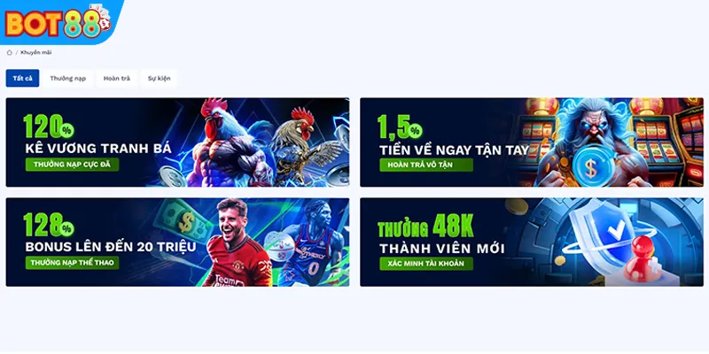 BOT88 khuyến mãi đăng ký, hoàn tiền, voucher 48K