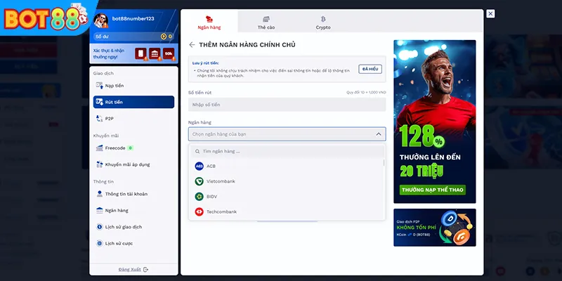 Rút tiền BOT88 qua tài khoản ngân hàng, chọn ngân hàng liên kết